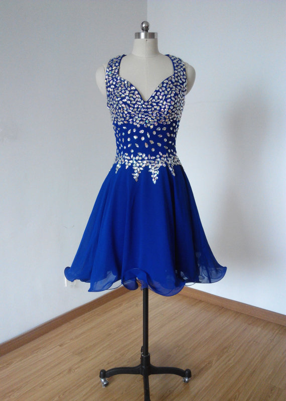 Beaded Straps Royal Blue Chiffon Short Homecoming Dress, Prom Dress, Graduation Dress